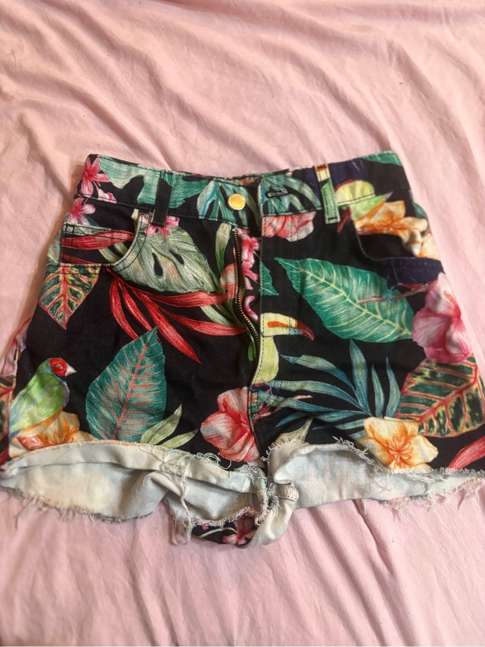 Zara Black Tropical Floral Denim Shorts
